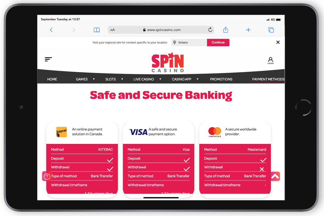 Spin Casino Payment Methods CA